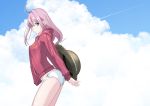  1girl ahoge aqua_eyes blue_sky bow breasts closed_mouth clouds condensation_trail hair_bow hat hood hoodie kagamihara_nadeshiko large_breasts locks long_hair looking_at_viewer outdoors pink_hair red_hoodie sky solo sun_hat swimsuit tomcat white_bikini_bottom white_bow white_swimsuit yurucamp 