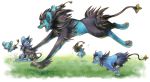  commentary commentary_request creature from_side gen_4_pokemon grass ibui_matsumoto luxio luxray no_humans pokemon pokemon_(creature) profile running sharp_teeth shinx teeth white_background yellow_eyes 