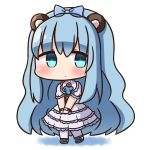  1girl animal_ears bangs bear_ears blue_bow blue_eyes blue_footwear blue_hair blush bow character_request chibi closed_mouth commentary_request eyebrows_visible_through_hair full_body hair_between_eyes hair_bow hana_kazari kirara_fantasia long_hair looking_at_viewer own_hands_together pantyhose puffy_short_sleeves puffy_sleeves short_sleeves solo standing v_arms very_long_hair white_background white_footwear white_legwear 