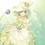  1girl bare_shoulders blush bouquet bow bridal_gauntlets collarbone curly_hair dress floating_hair flower green_eyes green_flower green_hair green_rose hat hat_bow highres jiinyo_(awamoe1207) komeiji_koishi looking_at_viewer open_mouth purple_flower purple_rose rose smile solo third_eye tiara touhou veil wedding_dress white_bow white_flower white_hat white_rose 