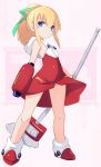  1girl aqua_ribbon arm_at_side arm_cannon bare_legs bare_shoulders blonde_hair blue_eyes blush broom dress eyebrows_visible_through_hair full_body hair_ribbon highres holding holding_broom karukan_(monjya) legs_apart long_hair looking_at_viewer no_socks ponytail red_dress red_footwear ribbon rockman roll short_dress sidelocks sleeveless sleeveless_dress solo standing v-shaped_eyebrows weapon 