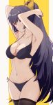  1girl armpits arms_up bare_arms bare_shoulders benghuai_xueyuan bikini black_bikini black_hair black_legwear black_ribbon blush breasts cleavage closed_mouth collarbone eyebrows_visible_through_hair groin hair_intakes high_ponytail highres long_hair medium_breasts navel raiden_mei ribbon side-tie_bikini smile solo stomach swimsuit thigh-highs two-tone_background very_long_hair vic violet_eyes yellow_background 