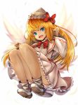  1girl :d bent_knees blonde_hair blue_eyes bow bowtie buttons commentary_request dorsiflexion eyebrows_visible_through_hair fairy_wings hair_bow hands_up hat houdukixx knees_up lily_white long_hair long_sleeves loose_socks open_mouth petticoat red_bow red_neckwear shirt shoes simple_background skirt smile socks solo tongue touhou upper_teeth white_background white_footwear white_hat white_legwear white_shirt white_skirt wide_sleeves wings 
