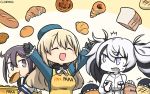  +++ 3girls :d akebono_(kantai_collection) apron atago_(kantai_collection) black_gloves black_hair blonde_hair blush bow bowtie bread closed_eyes commentary dated eating escort_water_hime food food_in_mouth gloves hamu_koutarou highres kantai_collection long_hair multicolored_hair multiple_girls open_mouth purple_hair shinkaisei-kan smile twintails two-tone_hair violet_eyes white_eyes white_gloves white_hair white_skin 