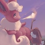  black_eyes breathing_fire commentary creature eevee fire flareon food gen_1_pokemon glitchedpuppet holding holding_stick looking_up lowres marshmallow no_humans outdoors pokemon_(creature) sky stick white_eyes 