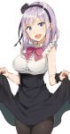  1girl :d bangs bare_shoulders black_flower black_hairband black_legwear black_rose blue_eyes bow bowtie breasts buttons cleavage cowboy_shot dagashi_kashi eyebrows_visible_through_hair flower frilled_shirt_collar frills hair_flower hair_ornament hairband highres lips long_hair looking_at_viewer medium_breasts meme_attire nail_polish open_mouth pantyhose pink_bow pink_neckwear purple_hair red_nails revision rikoma rose sanpaku shidare_hotaru shiny shiny_hair shirt short_hair sidelocks simple_background skirt_hold sleeveless sleeveless_shirt smile solo standing tareme virgin_killer_outfit white_background white_shirt wrist_cuffs 