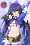  1girl attouteki_yuugi_mugen_souls black_hair breasts cosplay doria_(5073726) hair_ornament looking_at_viewer navel neptune_(series) noire one_eye_closed red_eyes ribbon solo twintails under_boob 