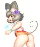  1girl absurdres animal_ears ass blush breasts flower grey_hair hair_flower hair_ornament highres jewelry leotard looking_at_viewer mouse_ears mouse_tail nazrin open_mouth pendant red_eyes short_hair simple_background solo tail touhou white_background yonaki 