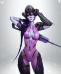  1girl bodysuit breasts center_opening cleavage commentary gun head_mounted_display helmet highres lipstick long_hair looking_at_viewer makeup medium_breasts overwatch paul_kwon pink_bodysuit purple_bodysuit purple_hair purple_lipstick purple_skirt revision rifle skirt sniper_rifle solo standing very_long_hair weapon widowmaker_(overwatch) yellow_eyes 