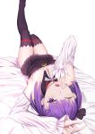  1girl absurdres bare_shoulders black_legwear bow detached_sleeves dress eyebrows_visible_through_hair fate/grand_order fate_(series) flat_chest frills hair_bow helena_blavatsky_(fate/grand_order) highres looking_at_viewer one_eye_closed purple_hair short_dress short_hair skirt solo strapless strapless_dress thigh-highs violet_eyes yawning 