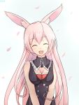  1girl animal_ears bare_shoulders blush breasts cleavage closed_eyes geoe9 happy highres kurousagi_(mondaiji) long_hair medium_breasts mondaiji-tachi_ga_isekai_kara_kuru_sou_desu_yo? open_mouth petals pink_hair rabbit_ears simple_background smile solo upper_body white_background 