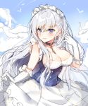 1girl animal apron azur_lane bangs belfast_(azur_lane) bird black_choker black_dress blue_sky blush braid breasts chains choker cleavage clouds collarbone day dress elbow_gloves eyebrows_visible_through_hair gloves hair_between_eyes large_breasts looking_at_viewer maid maid_apron maid_headdress outdoors parted_lips pingo silver_hair sketch skirt_hold sky solo violet_eyes white_apron white_gloves 