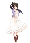  1girl badminton_girls bangs black_hair blush bow cardigan dress eyebrows_visible_through_hair floating_hair gomano_rio hair_bow hands_up highres long_hair looking_at_viewer official_art open_cardigan open_clothes open_mouth ponytail sidelocks simple_background solo violet_eyes white_background white_bow white_dress 