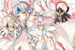  1girl bare_shoulders blush breasts brown_eyes closed_mouth dress dutch_angle elbow_gloves elsword eve_(elsword) garter_straps gloves hair_bun hand_on_hip leaning_forward long_hair looking_at_viewer sidelocks silver_hair sleeveless sleeveless_dress small_breasts solo thigh-highs tiara utm white_dress white_gloves white_legwear 