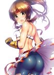  1girl ass bare_shoulders bike_shorts blush bra breasts brown_hair commentary_request gauntlets headband idolmaster idolmaster_cinderella_girls long_hair ment open_mouth ponytail skirt sleeveless small_breasts sweatdrop takamori_aiko torn_clothes torn_skirt underwear yellow_eyes 