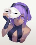  1girl breasts center_opening eyebrows_visible_through_hair fate/grand_order fate_(series) fingerless_gloves gloves hairband hassan_of_serenity_(fate) highres holding holding_mask looking_at_viewer mask nishikiya purple_hair short_hair signature small_breasts solo upper_body violet_eyes 