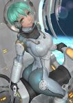  1girl aqua_eyes aqua_hair ariverkao ass bodysuit breasts closed_mouth from_behind gloves headphones large_breasts looking_at_viewer original planet short_hair sitting skin_tight solo space spacesuit 