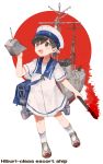  1girl armor black_hair dress full_body gun hat hiburi_(kantai_collection) itomugi-kun japanese_flag kantai_collection long_dress open_mouth ponytail red_eyes sailor_collar sailor_dress sailor_hat school_uniform serafuku shoes short_hair simple_background turret weapon white_background 