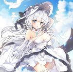  1girl animal arm_up azur_lane bangs bird blue_eyes blue_sky blush breasts cleavage clouds day dress elbow_gloves eyebrows_visible_through_hair garter_straps gloves hair_between_eyes hat head_tilt illustrious_(azur_lane) large_breasts looking_at_viewer outdoors parted_lips pingo silver_hair sketch sky solo strapless strapless_dress thigh-highs white_dress white_gloves white_hat white_legwear 