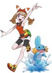  1girl bike_shorts brown_hair gen_3_pokemon hair_ribbon haruka_(pokemon) haruka_(pokemon)_(remake) highres mudkip open_mouth pokemon pokemon_(game) pokemon_oras ribbon shirt short_hair shorts sleeveless sleeveless_shirt smile 