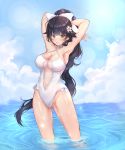  1girl absurdres arms_behind_head azur_lane black_hair bow breasts brown_eyes casual_one-piece_swimsuit cleavage clouds criss-cross_halter feet_out_of_frame gisa hair_flaps halterneck highres large_breasts long_hair one-piece_swimsuit outdoors partially_submerged ponytail sky solo standing sun swimsuit takao_(azur_lane) white_bow white_swimsuit 