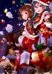  2girls black_hair brown_eyes brown_hair candy candy_cane christmas christmas_ornaments cupcake eupho-kun food gift gingerbread_man grey_eyes hibike!_euphonium highres komugiko long_hair looking_at_viewer multiple_girls open_mouth oumae_kumiko short_hair sparkle star tanaka_asuka tuba-kun 