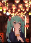  1girl alley alternate_costume aqua_eyes aqua_hair aqua_nails artist_name bangs black_shirt blurry blurry_background blush casual collared_shirt depth_of_field eating eyebrows_visible_through_hair eyelashes fingernails food food_on_face hair_ribbon hatsune_miku highres holding holding_food ice_cream ice_cream_cone lantern lens_flare long_fingernails looking_away looking_to_the_side musical_note nail_polish outdoors paper_lantern quaver red_ribbon ribbon shiny shiny_hair shirt solo tareme town twintails upper_body vocaloid watermark web_address zhayin-san 
