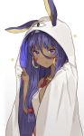  1girl :t animal_ears artist_name blue_eyes blue_hair blush breasts facial_mark fate/grand_order fate_(series) hair_between_eyes highres medium_breasts mochii nitocris_(fate/grand_order) nitocris_(swimsuit_assassin)_(fate) rabbit_ears solo tan_skin white_background 