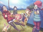  &gt;_&lt; 6+girls black_legwear blanket blue_hair blue_sky blurry blush boots brown_hair camping closed_eyes clouds commentary_request depth_of_field dog earmuffs eyebrows_visible_through_hair fang fingerless_gloves fleeing gloves grass half-closed_eyes hat highres inuyama_aoi jacket kagamihara_nadeshiko long_sleeves mountain multiple_girls o_o oogaki_chiaki open_mouth outdoors pants pantyhose pantyhose_under_shorts pink_hair rotix saitou_ena scarf shima_rin shocked_eyes shorts sky sparkling_eyes sunlight surprised tent thick_eyebrows wavy_mouth winter_clothes yurucamp 