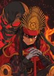  1girl black_hair cape erere fate/grand_order fate_(series) fire gloves hands_on_hilt hat long_hair military_hat oda_nobunaga_(fate) red_eyes sitting skeleton white_gloves 