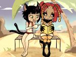  2girls animal_ears antennae ara_(monster_girl_island) barefoot beach bench black_hair black_sclera blush body_markings book carapace cat_ears cat_tail clouds day embarrassed facial_mark fang focused green_eyes highres holding holding_book hornet_girl insect_girl knees_touching landscape looking_down monster_girl monster_girl_island multiple_girls multiple_tails navel nekomata ocean palm_tree pointing reading redhead sand setz short_hair sitting sitting_on_bench sky smile stinger suzu_(monster_girl_island) sweat swimsuit tail tree twintails two_tails wavy_mouth wings 