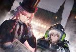 2girls aek-999_(girls_frontline) alternate_costume badge bangs black_jacket black_neckwear blush bow braid buttons cigar city_lights cityscape clothes_writing collared_shirt girls_frontline gloves grey_hair hair_ornament hair_over_shoulder hairclip hat headphones headphones_around_neck heiwari_kanade hexagram holding holding_cigar hood hooded_jacket jacket key leaning_on_object light long_hair looking_at_viewer multiple_girls necktie negev_(girls_frontline) newspaper night open_clothes open_jacket parted_lips pink_hair rain red_bow red_eyes shirt sidelocks signature silver_hair smile star_of_david striped striped_shirt swirling top_hat vest white_gloves white_shirt yellow_eyes 