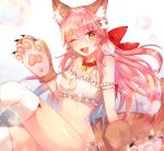  1girl animal_ears bell bell_choker bell_collar bra breasts cat_cutout cat_ear_panties cat_hair_ornament cat_lingerie cat_paws choker cleavage cleavage_cutout collar fang fate/grand_order fate_(series) fox_ears fox_tail frilled_bra frills gloves hair_ornament hair_ribbon highres jingle_bell large_breasts long_hair looking_at_viewer meme_attire navel one_eye_closed open_mouth panties paw_gloves paws pink_hair red_ribbon ribbon rit side-tie_panties smile solo stomach tail tamamo_(fate)_(all) tamamo_cat_(fate) thighs underwear underwear_only white_bra yellow_eyes 