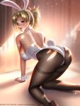  1girl all_fours animal_ears ass black_legwear blonde_hair blue_eyes breasts bunny_tail bunnysuit detached_collar fake_animal_ears high_ponytail large_breasts liang_xing light_rays looking_at_viewer looking_back mercy_(overwatch) no_wings nose overwatch pantyhose patreon_username rabbit_ears solo sunbeam sunlight tail wrist_cuffs 