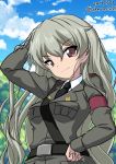  1girl alternate_hairstyle anchovy anzio_military_uniform arm_behind_head bangs belt black_belt closed_mouth clouds cloudy_sky commentary_request day dress_shirt excel_(shena) girls_und_panzer green_hair grey_jacket hair_down hand_on_hip head_tilt highres jacket long_hair long_sleeves looking_at_viewer military military_uniform outdoors red_eyes sam_browne_belt shirt sketch sky smile solo standing tree uniform upper_body v-shaped_eyebrows white_shirt wing_collar 