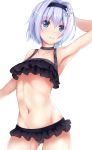  1girl arm_behind_head armpits bikini black_bikini black_hairband blue_eyes blush closed_mouth commentary_request frilled_bikini frills hairband highres looking_at_viewer mia_(kuja999) navel ryuuou_no_oshigoto! short_hair silver_hair simple_background solo sora_ginko swimsuit wavy_mouth white_background 