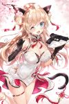  1girl ;d animal_ears bangs black_gloves blonde_hair blue_eyes blush breasts cat_ears cat_girl cat_tail cherry_blossoms covered_navel double_bun dress elbow_gloves eyebrows_visible_through_hair girls_frontline gloves gun hair_between_eyes highres hips large_breasts leg_up long_hair looking_at_viewer narae one_eye_closed open_mouth smile tail water_drop weapon white_dress 