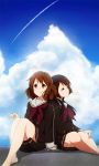  2girls barefoot black_hair blue_sky brown_eyes brown_hair brown_shirt brown_skirt closed_eyes clouds condensation_trail earphones hibike!_euphonium highres komugiko kousaka_reina legs_crossed long_hair long_sleeves medium_hair multiple_girls oumae_kumiko pleated_skirt school_uniform shared_earphones shirt sitting skirt skirt_set sky smile 