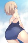  1girl ass blanc blancpig_yryr blue_eyes brown_hair eyebrows_visible_through_hair from_behind highres looking_back neptune_(series) school_swimsuit short_hair solo swimsuit 