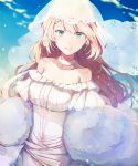  1girl alternate_costume bangs bare_shoulders blonde_hair blue_eyes blue_sky blush breasts bridal_veil choker cleavage clouds collarbone day dress earrings eyebrows_visible_through_hair g36_(girls_frontline) girls_frontline gloves jewelry lace-trimmed_choker light_particles long_hair looking_at_viewer medium_breasts parted_lips pendant petals shawl sidelocks sky smile solo strapless strapless_dress veil wedding_dress white_gloves wind wind_lift yuizayomiya 