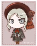  1girl ascot bangs beret black_capelet black_dress bloodborne boots brown_footwear brown_hat capelet character_request chibi closed_mouth commentary_request cross-laced_footwear dotted_line dress eyebrows_visible_through_hair full_body grey_eyes grey_hair hat knee_boots lace-up_boots long_sleeves looking_at_viewer noai_nioshi red_neckwear solo standing twitter_username 