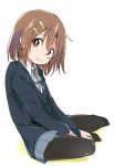  1girl black_legwear blazer blue_skirt brown_eyes brown_hair full_body hirasawa_yui ixy jacket k-on! looking_at_viewer pantyhose pleated_skirt round_teeth school_uniform simple_background sitting skirt solo teeth white_background yokozuwari 