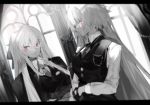  2girls alternate_costume arm_across_waist bangs black_bow black_gloves bow breasts buttons chains collared_shirt crossed_bangs curtains eyebrows_visible_through_hair girls_frontline gloves hair_between_eyes hair_ornament hairclip iws-2000_(girls_frontline) jacket letterboxed long_hair looking_at_viewer monochrome multiple_girls necktie ntw-20_(girls_frontline) parted_lips pink_eyes ran_(pixiv2957827) red_eyes ribbon shirt very_long_hair vest window 
