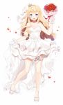  1girl :d ahoge bare_arms bare_legs bare_shoulders blue_eyes blue_ribbon blush bouquet breasts bridal_veil cleavage collarbone copyright_request crown dress eyebrows_visible_through_hair flower frilled_gloves frills gloves heart highres holding holding_bouquet layered_dress leg_garter leg_up long_hair looking_at_viewer mini_crown no_socks ongyageum open_mouth open_toe_shoes petals red_flower red_rose ribbon rose rose_petals shiny shiny_hair shoes simple_background skirt_hold small_breasts smile solo standing standing_on_one_leg strapless strapless_dress tareme thick_eyebrows veil very_long_hair wavy_hair wedding_dress white_background white_footwear white_gloves 