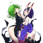  2girls antaria arched_back ass bangs bare_shoulders black_dress blush breasts collarbone crossover curly_hair dress erect_nipples fate/grand_order fate_(series) green_eyes green_hair horns japanese_clothes jewelry kimono looking_at_viewer multiple_girls nipples no_panties off_shoulder one-punch_man oni oni_horns open_clothes open_kimono purple_hair purple_kimono revealing_clothes short_hair shuten_douji_(fate/grand_order) sideboob simple_background small_breasts smile tatsumaki violet_eyes white_background yuri 