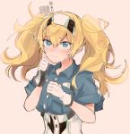  1girl blonde_hair blue_eyes blue_shirt blush breasts closed_mouth crying crying_with_eyes_open eyebrows_visible_through_hair gambier_bay_(kantai_collection) gloves hair_between_eyes headband itomugi-kun kantai_collection long_hair looking_at_viewer medium_breasts pink_background shirt short_sleeves simple_background solo tears twintails upper_body white_gloves 