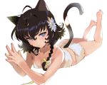  1girl ahoge animal_ears arutera barefoot black_hair blue_eyes braid cat_ears cat_tail collarbone flower hair_between_eyes hair_flower hair_ornament hands_together highres looking_at_viewer lying on_stomach original side_braid simple_background single_braid solo steepled_fingers tail white_background 
