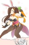  1girl alternate_costume animal_ears black_hair blush breasts carrot cleavage fake_animal_ears fire_emblem fire_emblem_heroes fire_emblem_if flyer_27 gloves hair_over_one_eye highres imagining kagerou_(fire_emblem_if) large_breasts long_hair open_mouth pantyhose ponytail rabbit_ears solo 