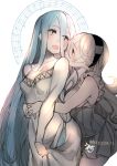  2girls aqua_(fire_emblem_if) blue_hair blush breasts cleavage female_my_unit_(fire_emblem_if) fire_emblem fire_emblem_if hairband hug hug_from_behind long_hair multiple_girls musical_note my_unit_(fire_emblem_if) negiwo pointy_ears simple_background very_long_hair 