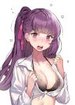  1girl bangs black_bra blunt_bangs blush bra breasts cleavage collarbone collared_shirt embarrassed eto_(nistavilo2) eyebrows_visible_through_hair girls_frontline hair_ribbon large_breasts long_hair long_sleeves looking_at_viewer nose_blush open_clothes open_shirt pink_eyes pink_ribbon ponytail purple_hair revision ribbon shirt simple_background solo teeth twitter_username underwear upper_body upper_teeth v-shaped_eyebrows wa2000_(girls_frontline) white_background white_shirt 